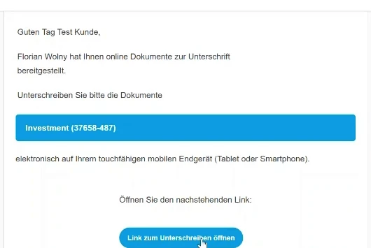 E-Mail von tecis Fernsignatur mit dem Knopf „Link zum Unterschreiben öffnen“