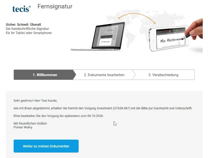 Startseite der tecis Fernsignatur mit den drei Etappen und dem Knopf „Weiter zu meinen Dokumenten“