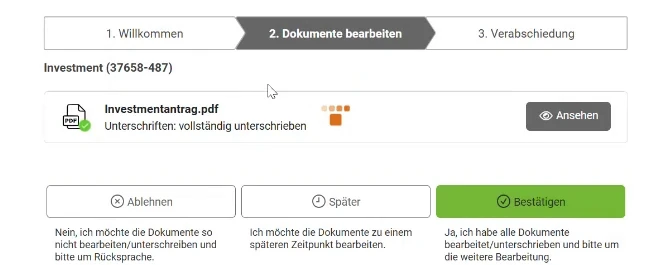 Dokumentenliste mit „Unterschriften: vollständig unterschrieben“ und dem grünen Knopf „Bestätigen“
